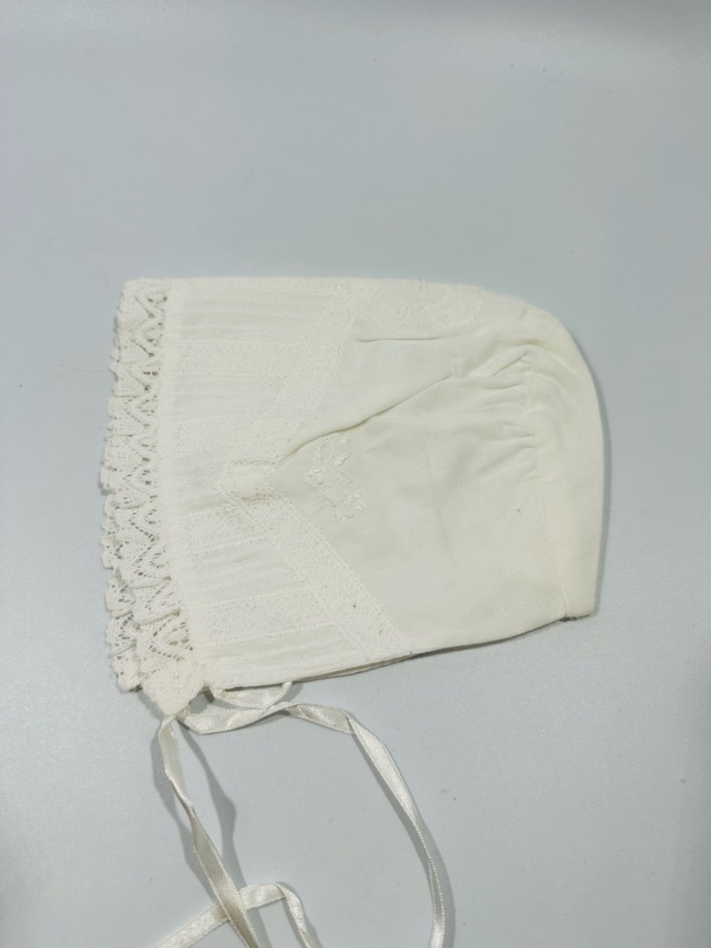 Vintage Rococo White Handmade Lace Baby Bonnet Ribbon Ties Baptism Christening